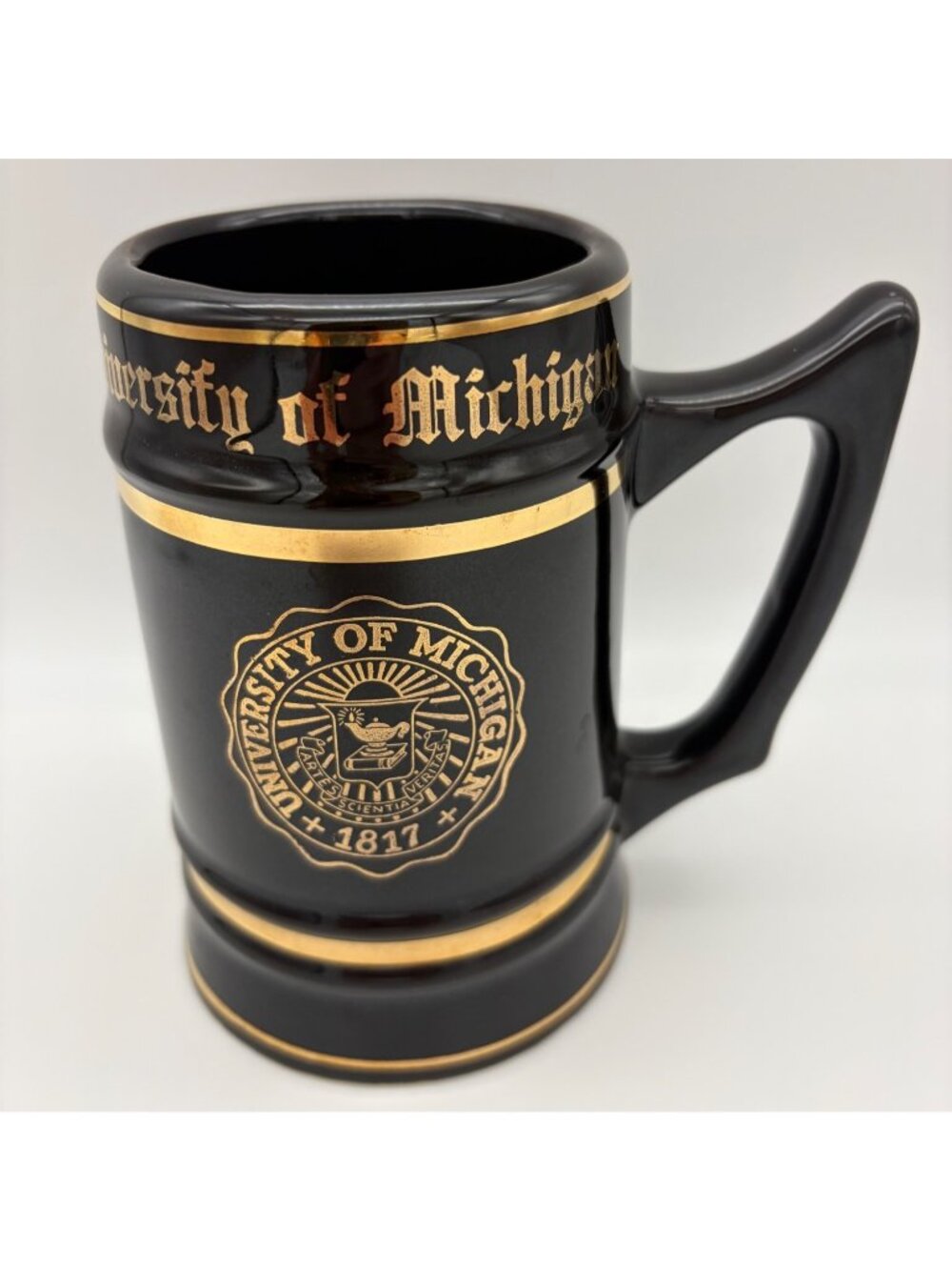 Vintage W C Bunting University of Michigan Black Gold Ceramic Beer Stein Mug 6in